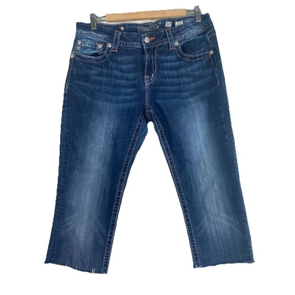 Miss Me Jeans Mid Rise Easy Crop Rhinestone embellished Women’s Sz 30 Dark Wash - Picture 1 of 13